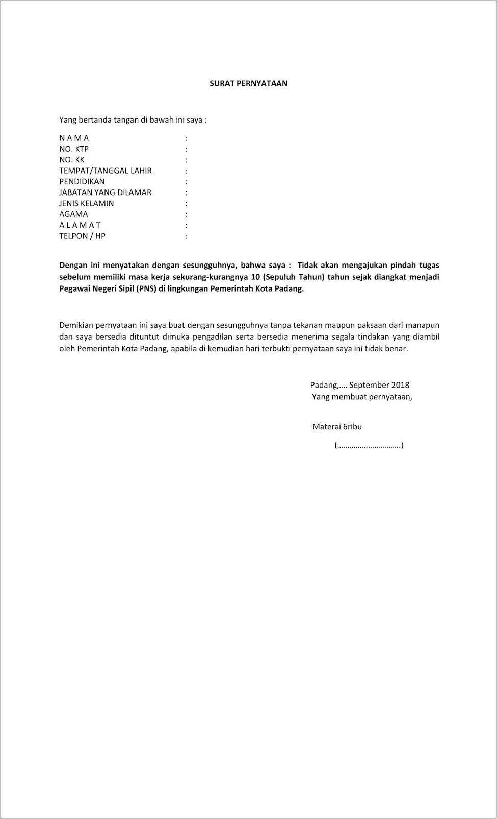 Contoh Format Surat Pernyataan Pemkot Subussalam Cpns