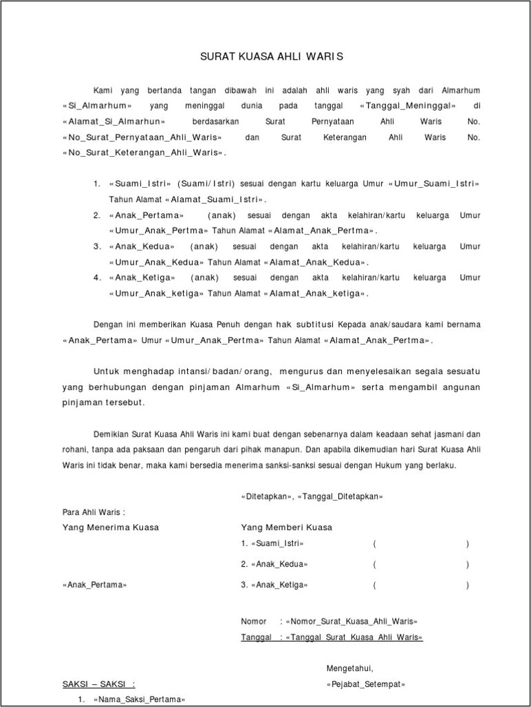 Contoh Model Surat Pernyataan Hak Waris