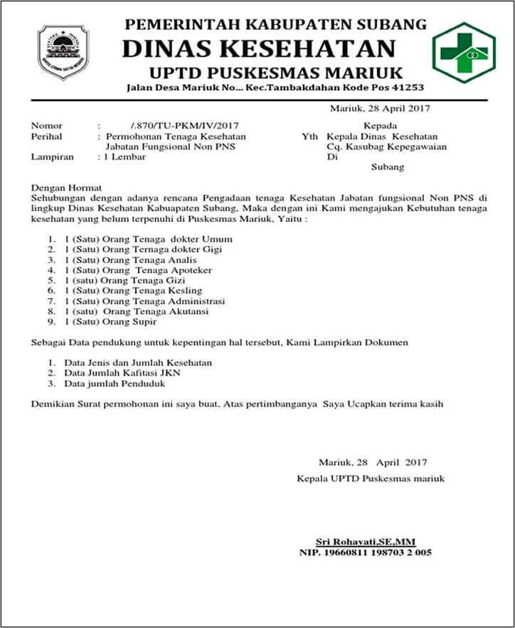 Contoh Satu Surat Permohonan