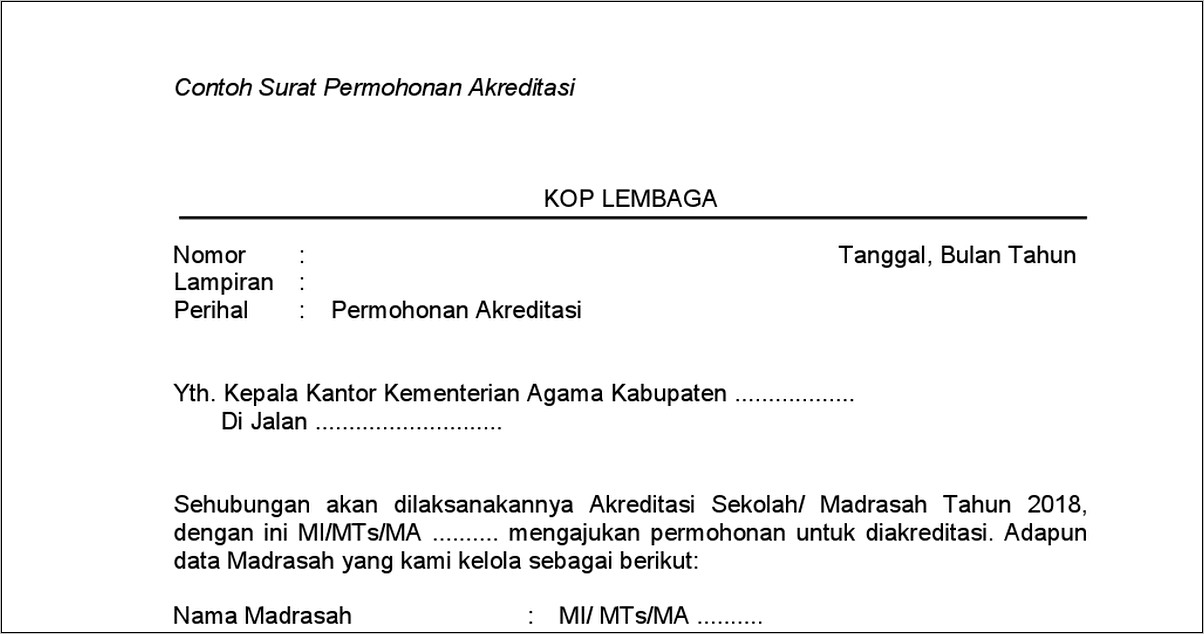 Contoh Sederhana Surat Pengantar Permohonan Akreditasi