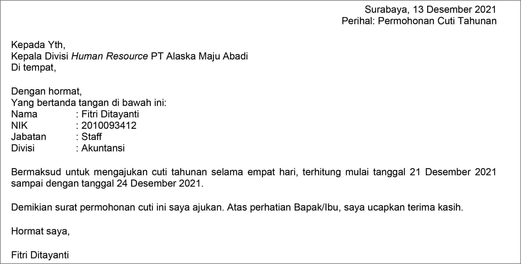 Contoh Surat Balasan Permohonan Cuti Tahunan