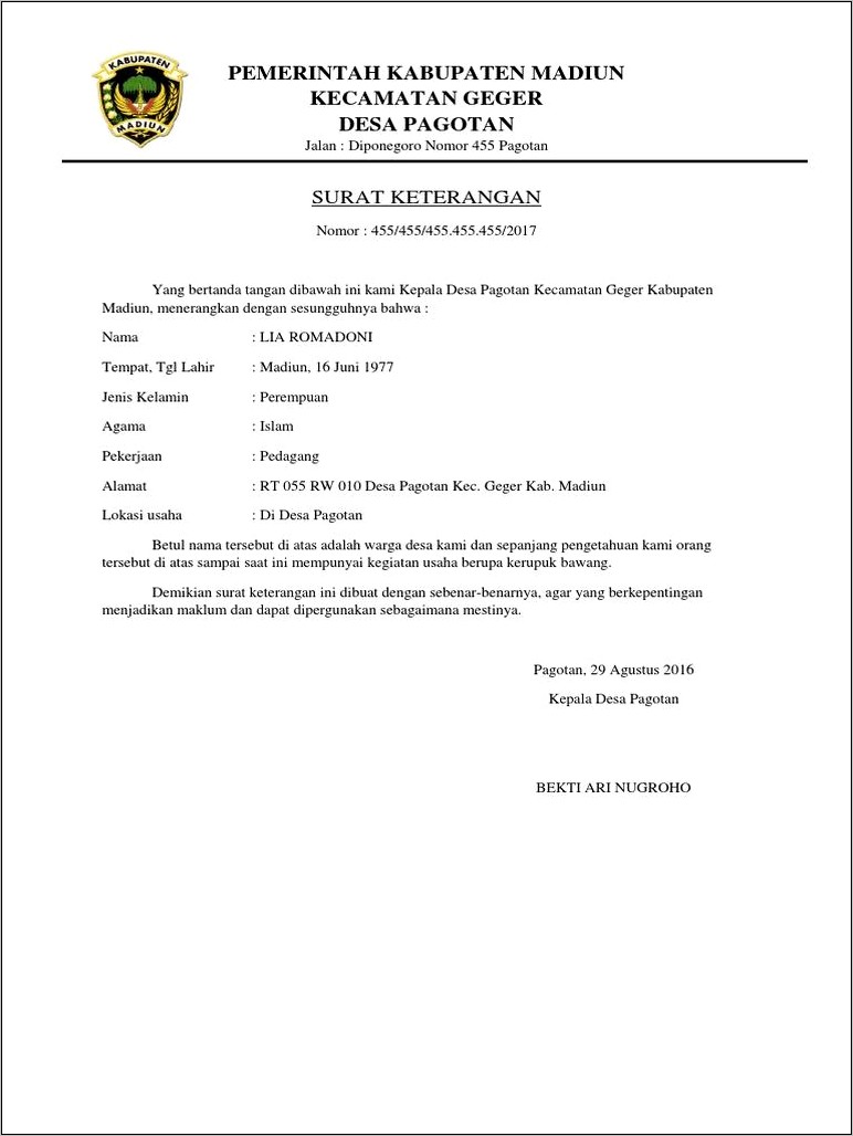 Contoh Surat Keterang Usaha