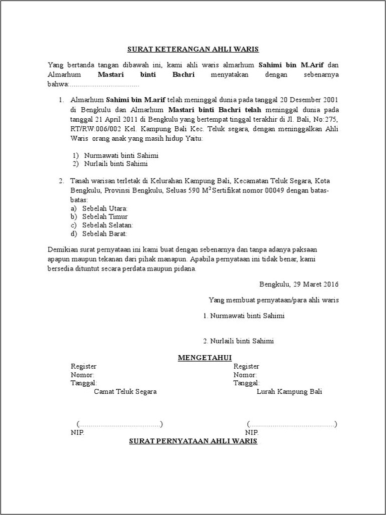 Contoh Surat Keterangan Ahli Waris Dari Kelurahan Dan Kecamatan Doc