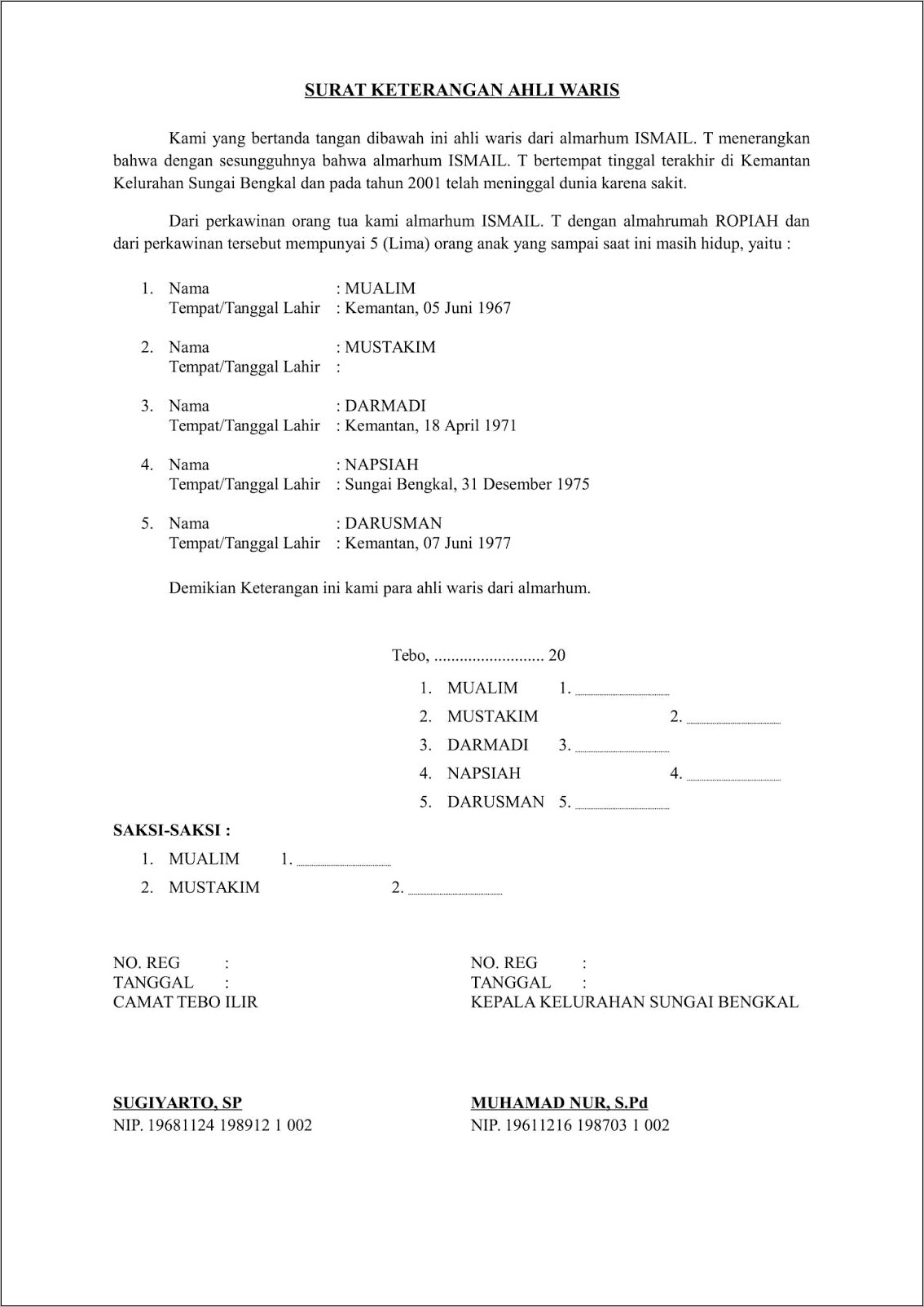 Contoh Surat Keterangan Ahli Waris Kabupaten Pati Jawa Tengah