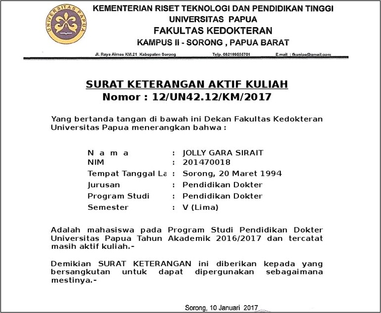 Contoh Surat Keterangan Aktif Kuliah Universitas Panca Budi Medan