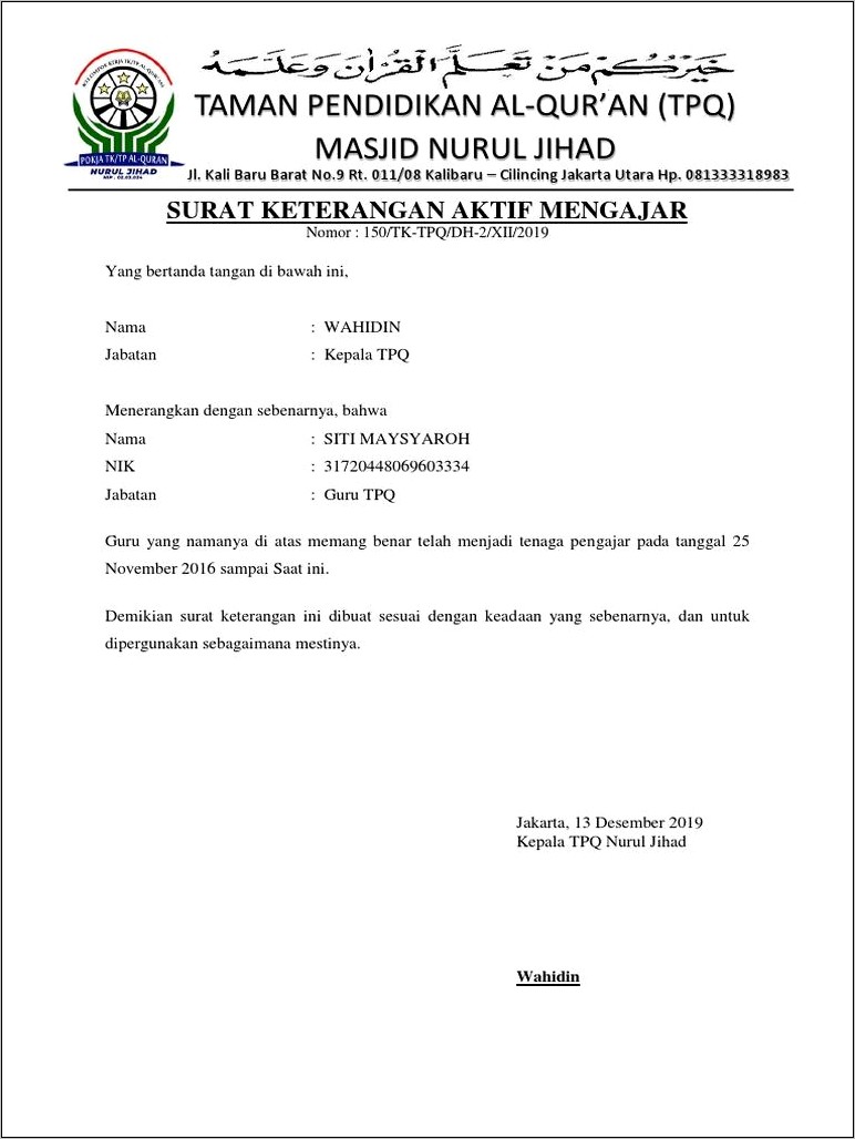 Contoh Surat Keterangan Aktif Mengajar Guru Tk