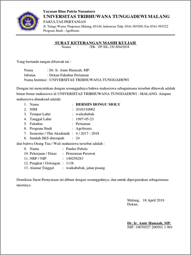 Contoh Surat Keterangan Aktif Sebagai Mahasiswa Stikom Surabaya