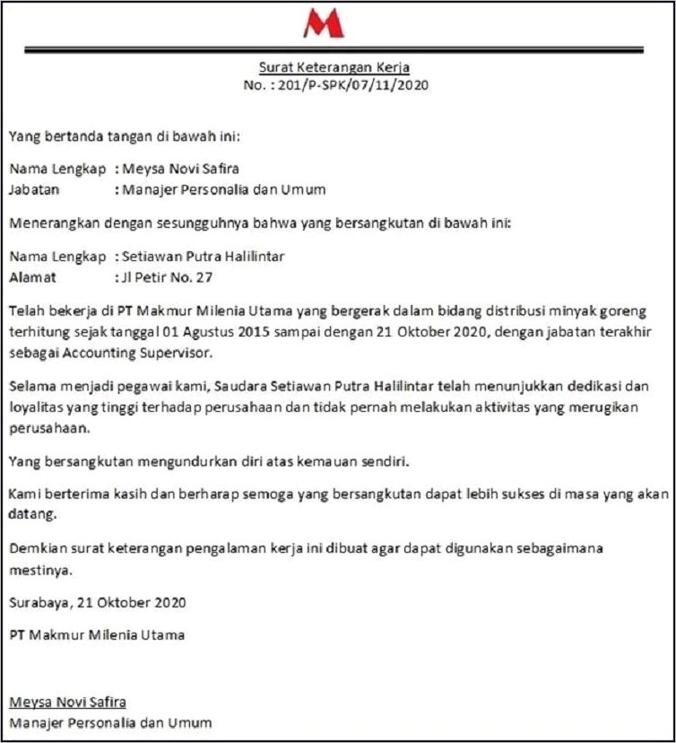 Contoh Surat Keterangan Bekrja