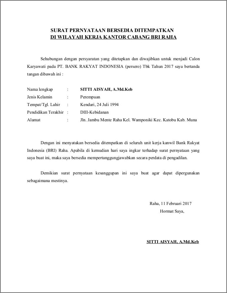 Contoh Surat Keterangan Bersedia Ditempatkan Kemenag