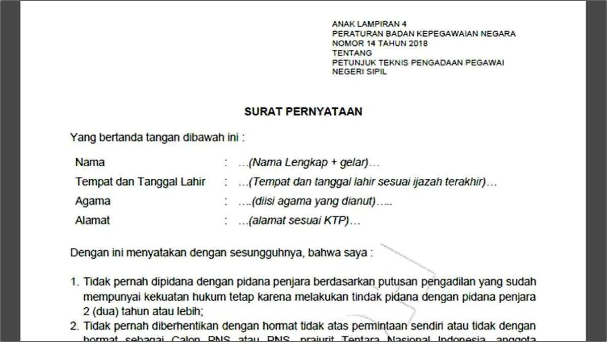 Contoh Surat Keterangan Cpns