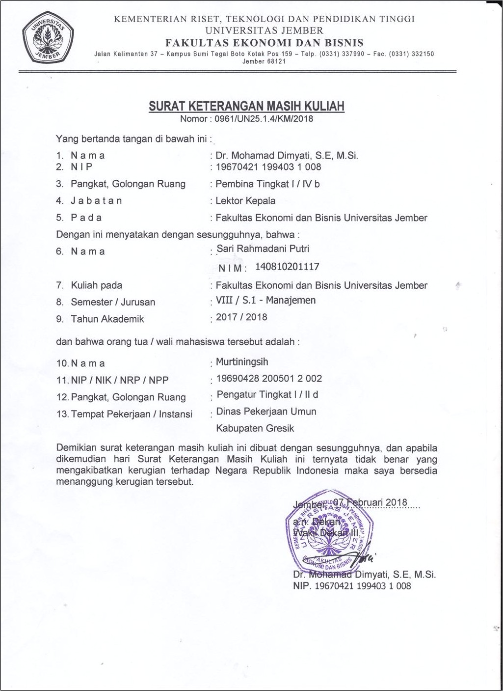 Contoh Surat Keterangan Dari Falkutas