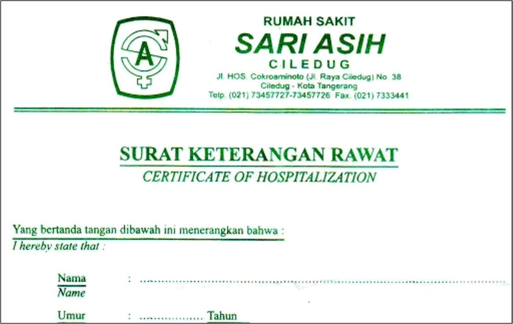 Contoh Surat Keterangan Di Rawat Di Rumah Sakit