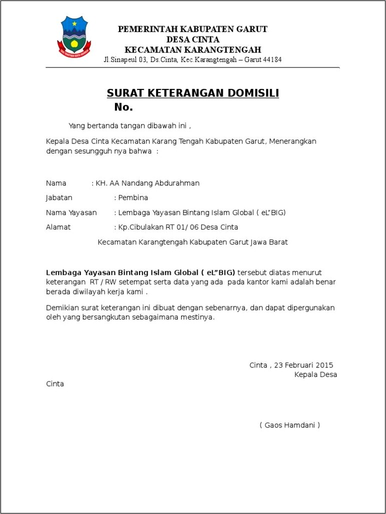 Contoh Surat Keterangan Domidili