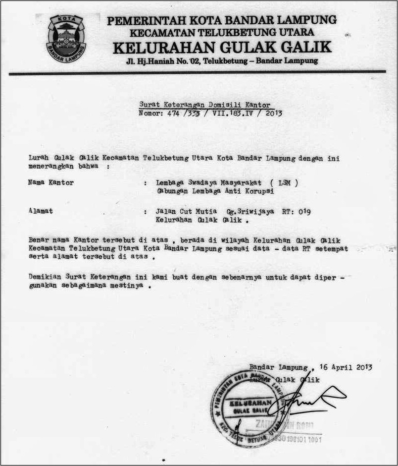 Contoh Surat Keterangan Domisili Di Lampung