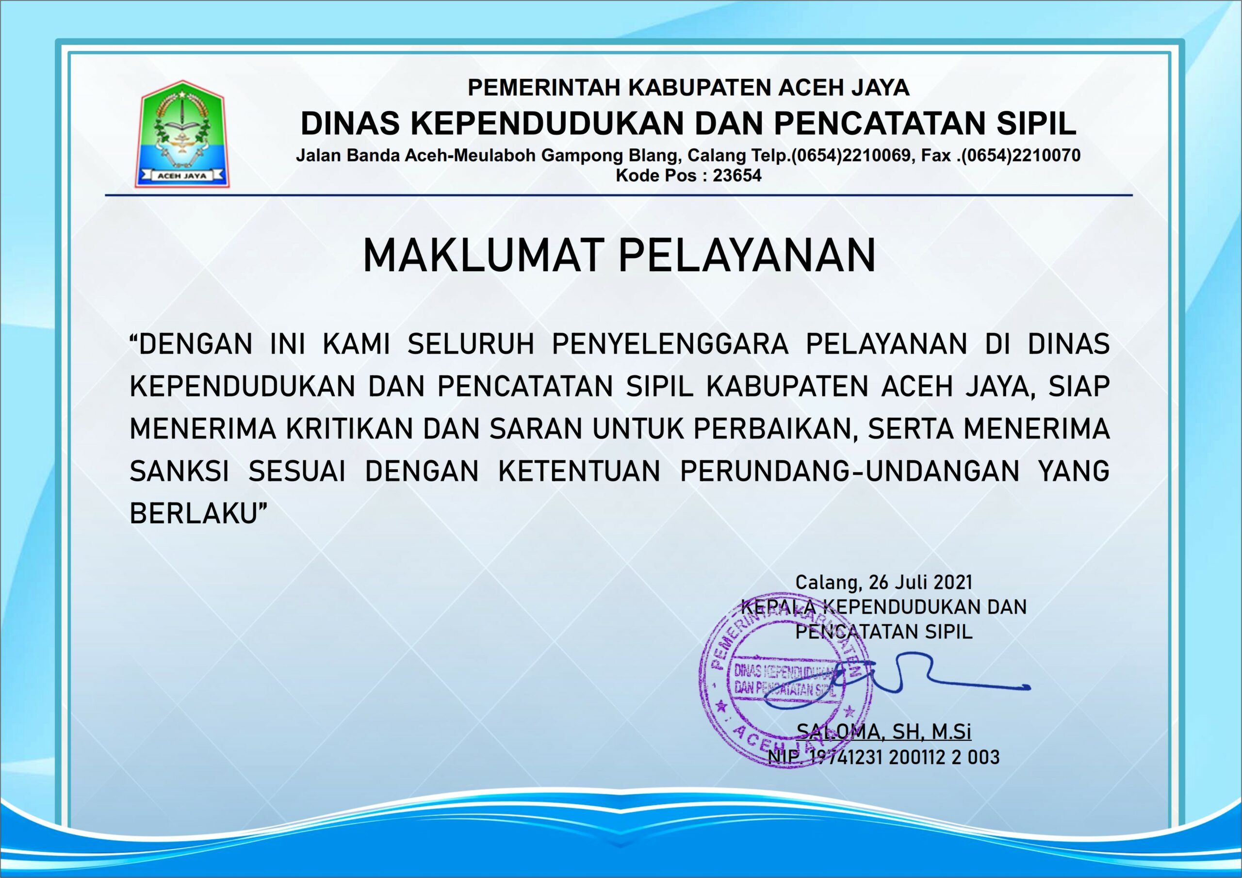 Contoh Surat Keterangan Domisili Kabupaten Aceh Jaya