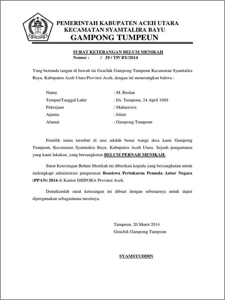 Contoh Surat Keterangan Domisili Kabupaten Malang