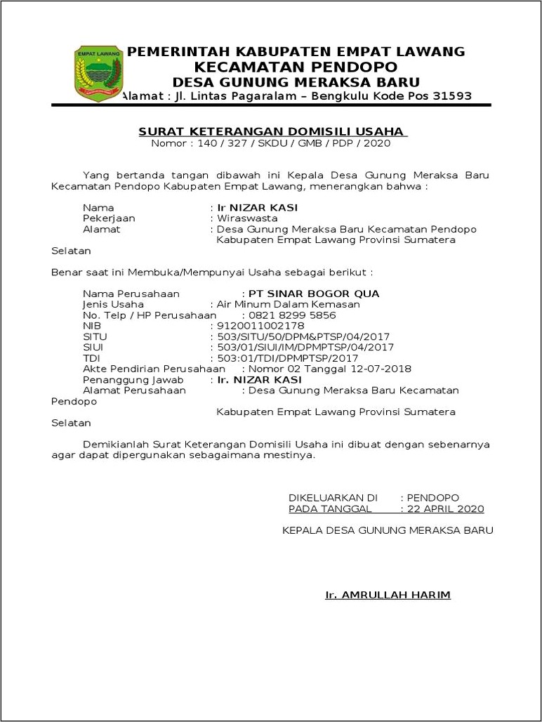 Contoh Surat Keterangan Domisili Perusahaan Kota Palembang