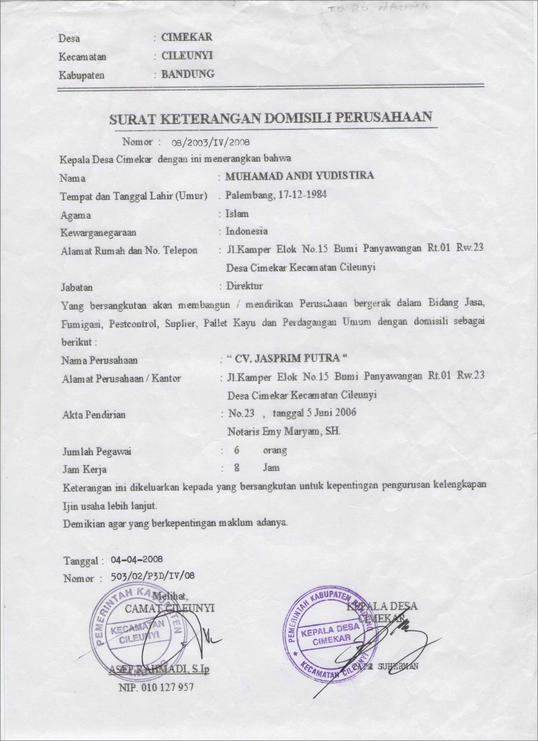 Contoh Surat Keterangan Domisili Rumah Cileunyi Bandung