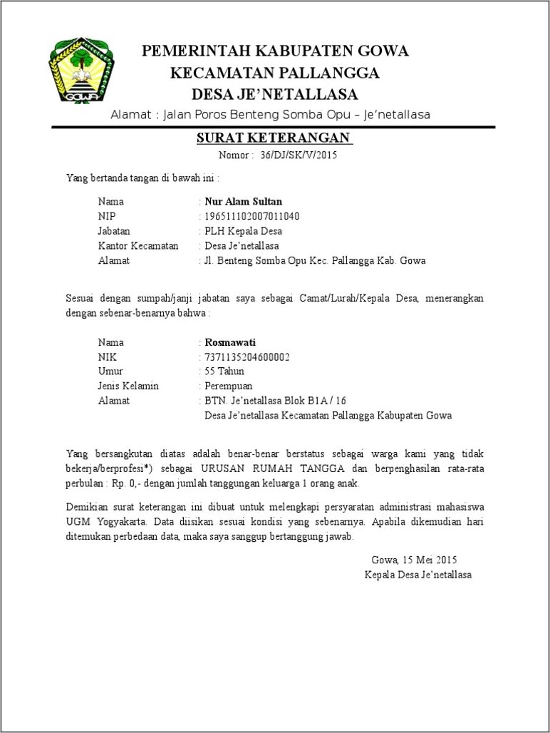 Contoh Surat Keterangan Domisili Sementara Yogyakarta