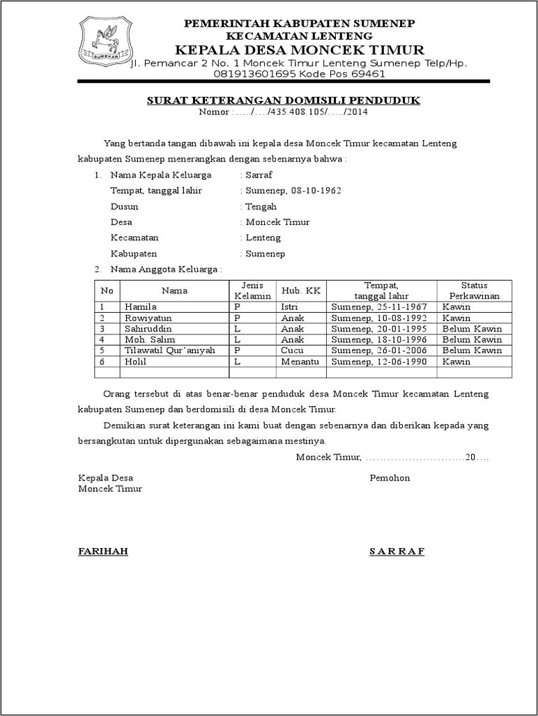 Contoh Surat Keterangan Domisili Sumenep