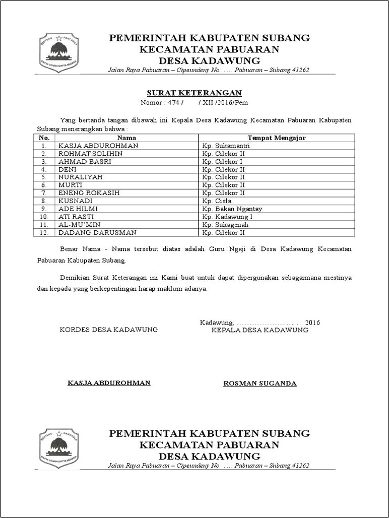 Contoh Surat Keterangan Guru Tpq Kepala Desa