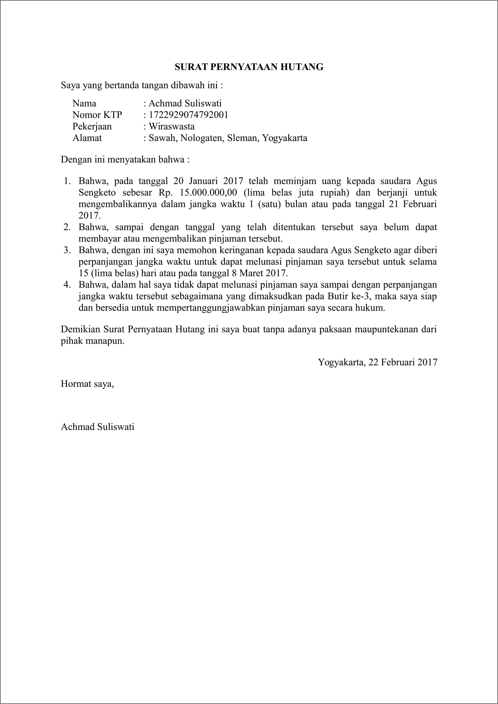 Contoh Surat Keterangan Hutang Piutang