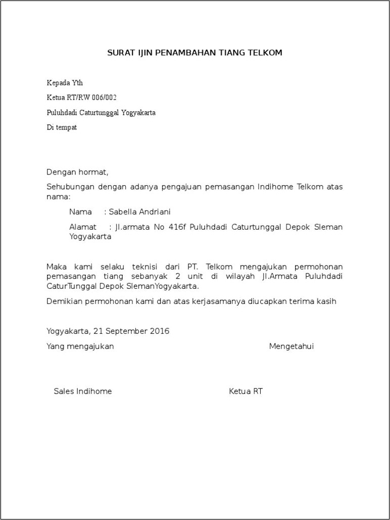 Contoh Surat Keterangan Ijin Pasang Speedy