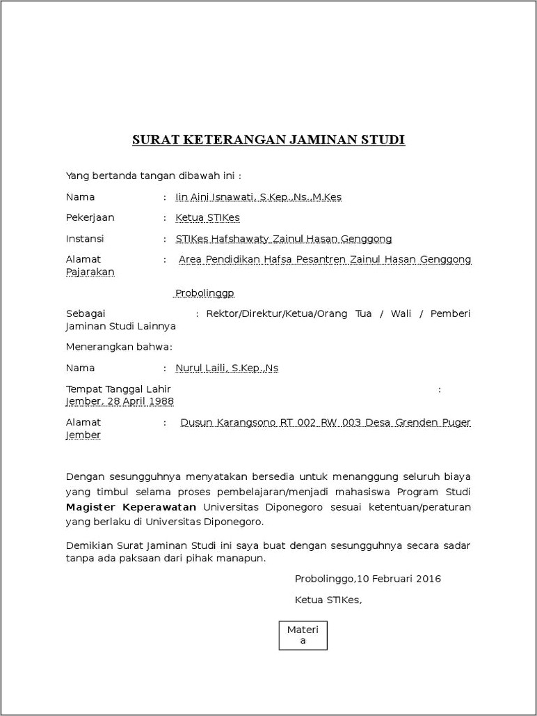 Contoh Surat Keterangan Jaminan