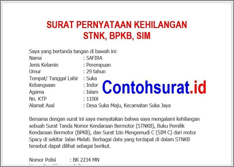 Contoh Surat Keterangan Kehilangan Surat