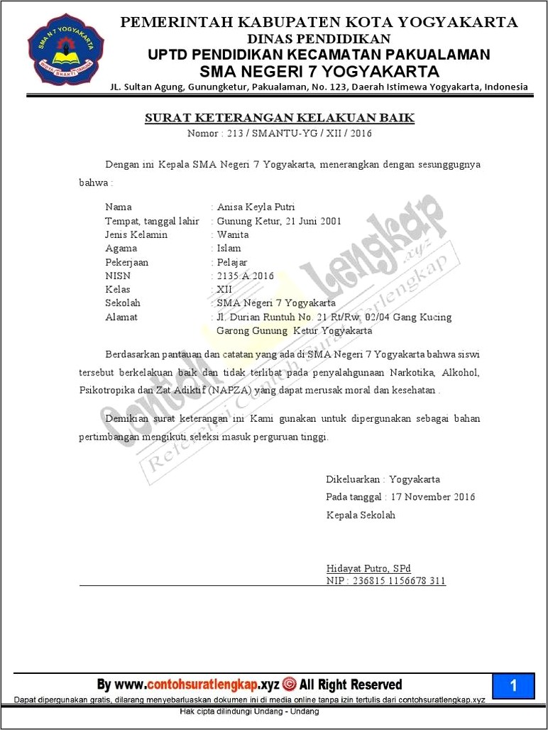 Contoh Surat Keterangan Kelakuakn Baik Sekolah