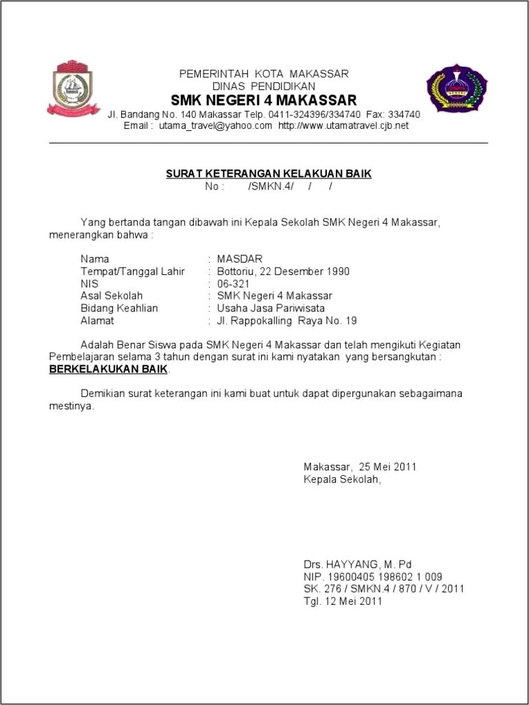 Contoh Surat Keterangan Kelakukan Baik Sekolah