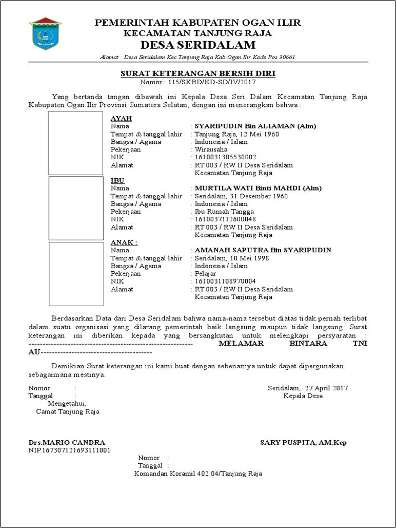 Contoh Surat Keterangan Kelurahan Bintara Jaya Haji