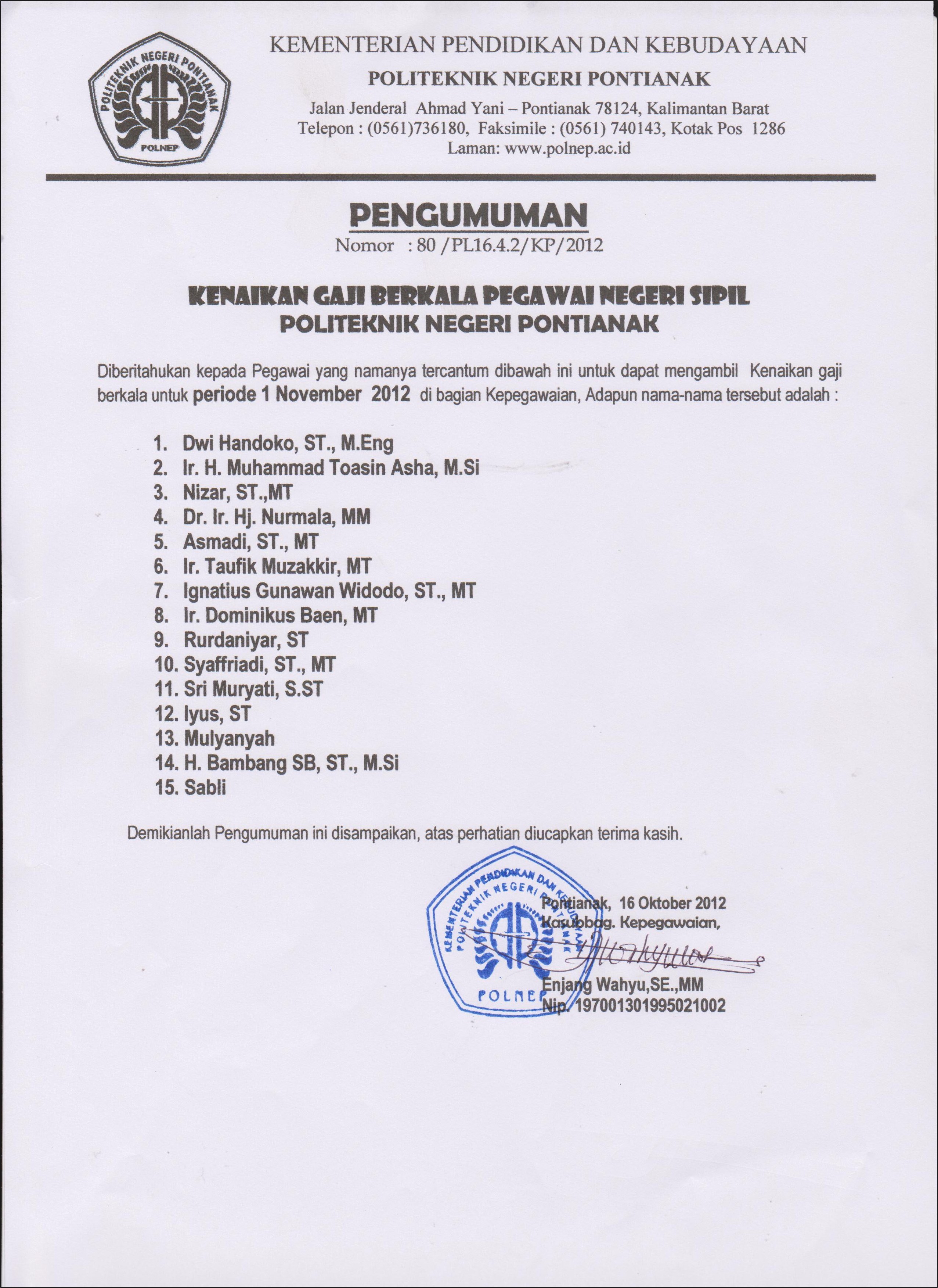 Contoh Surat Keterangan Kenaikan Gaji Berkala Pns