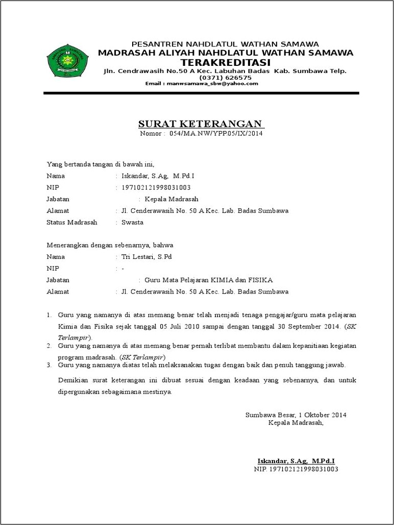 Contoh Surat Keterangan Kepala Madrasah