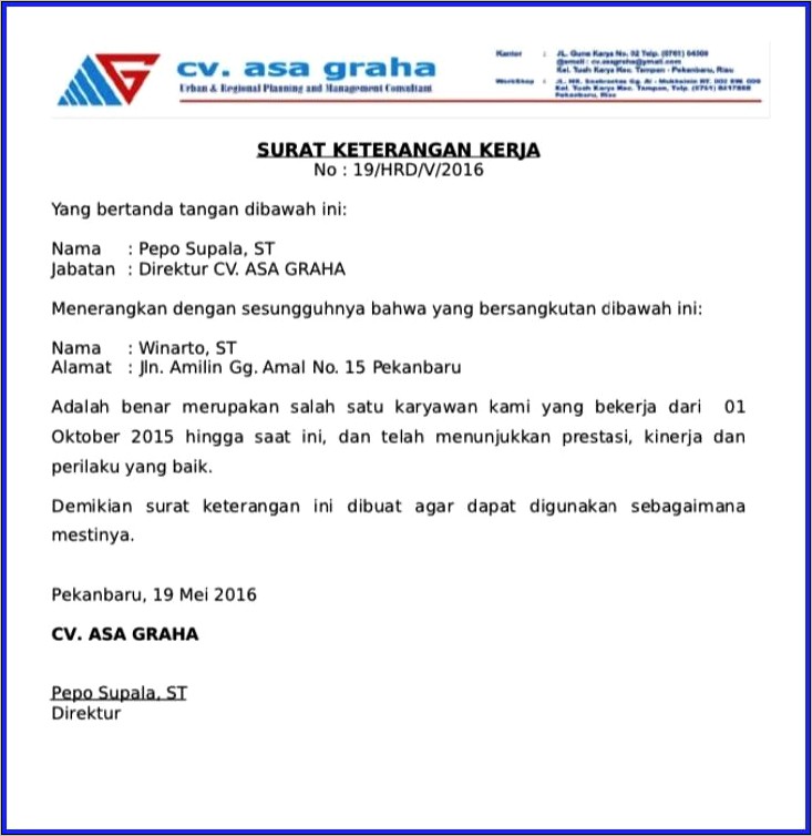 Contoh Surat Keterangan Kerja Perusahaan Cv