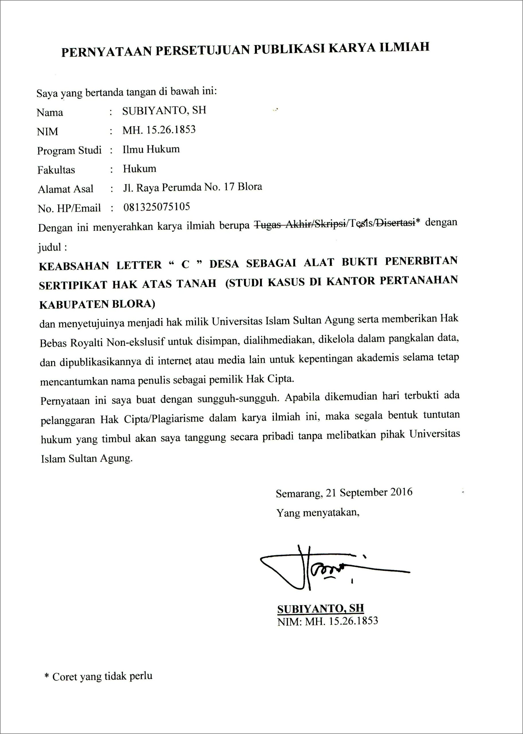 Contoh Surat Keterangan Letter C