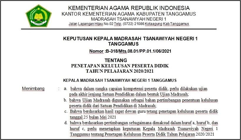 Contoh Surat Keterangan Lulus Mts