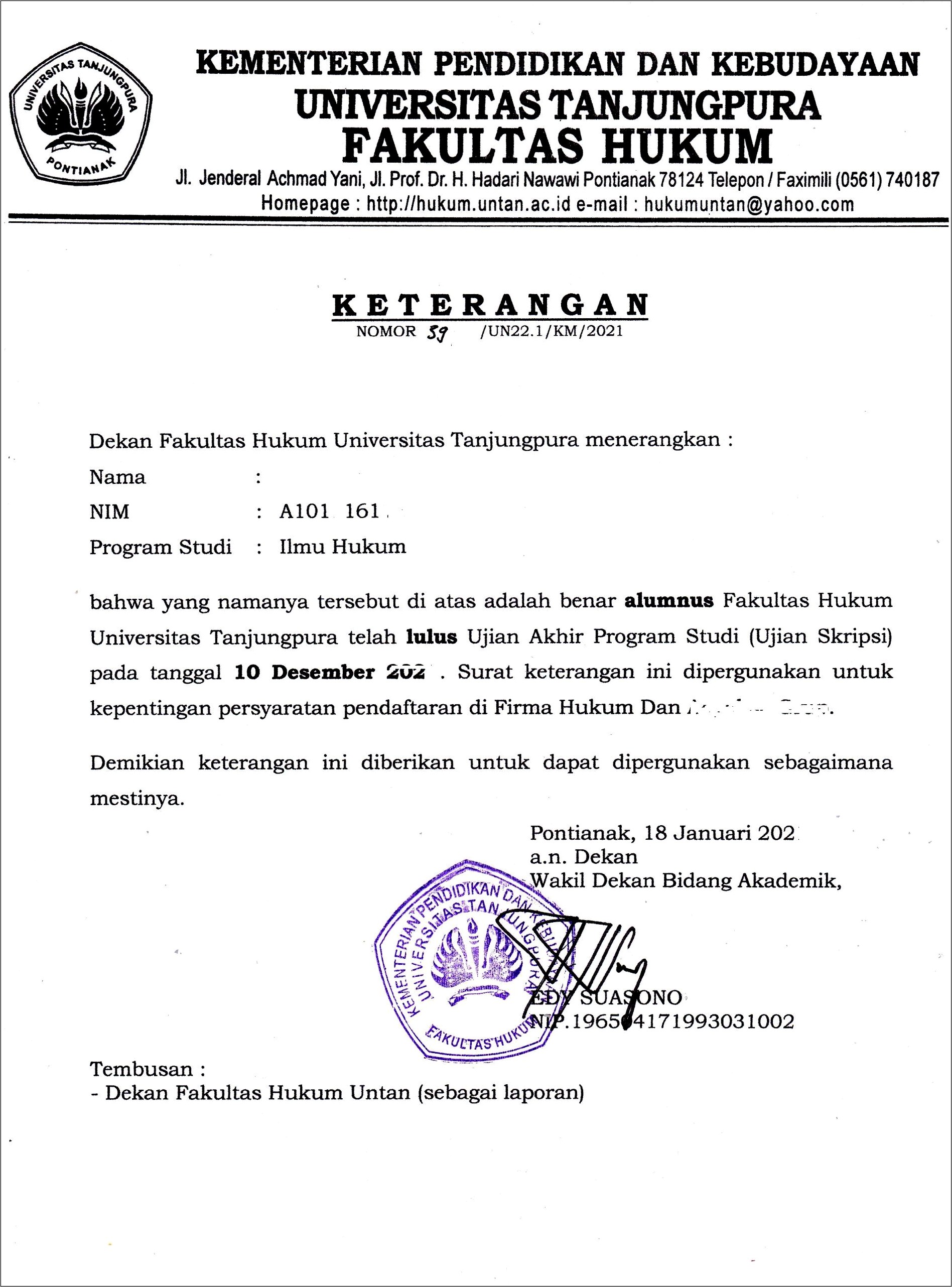 Contoh Surat Keterangan Lulus Perguruan Tinggi