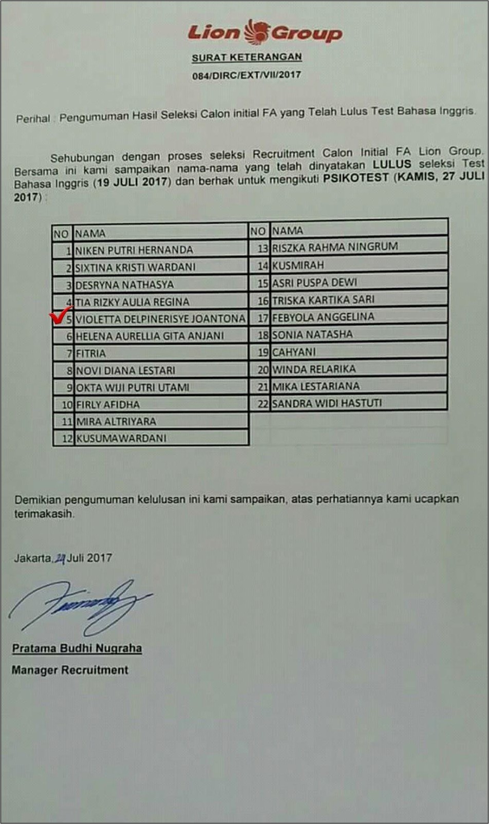 Contoh Surat Keterangan Lulus Pramugara