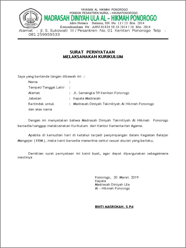 Contoh Surat Keterangan Mengajar Madarasah Diniyah