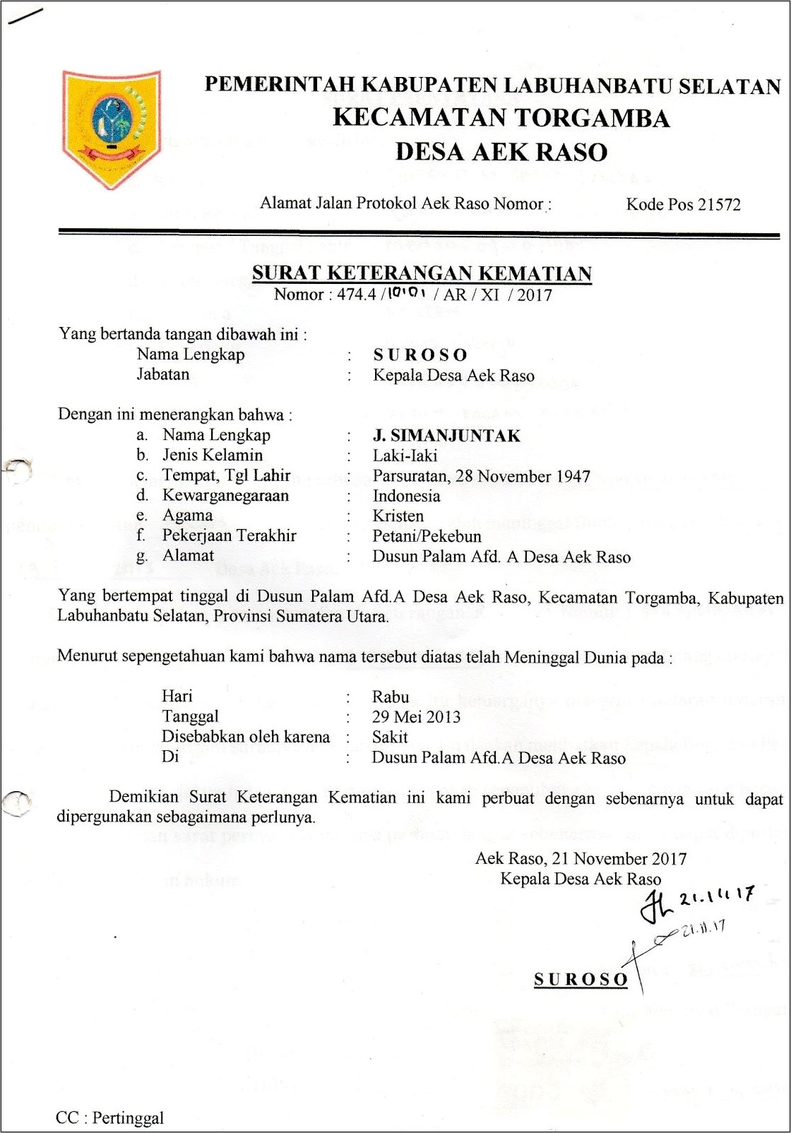 Contoh Surat Keterangan Meninggal Dari Perusahaan