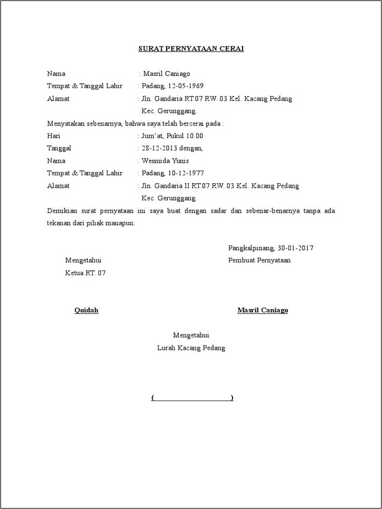 Contoh Surat Keterangan Nikah Lampung Tengah