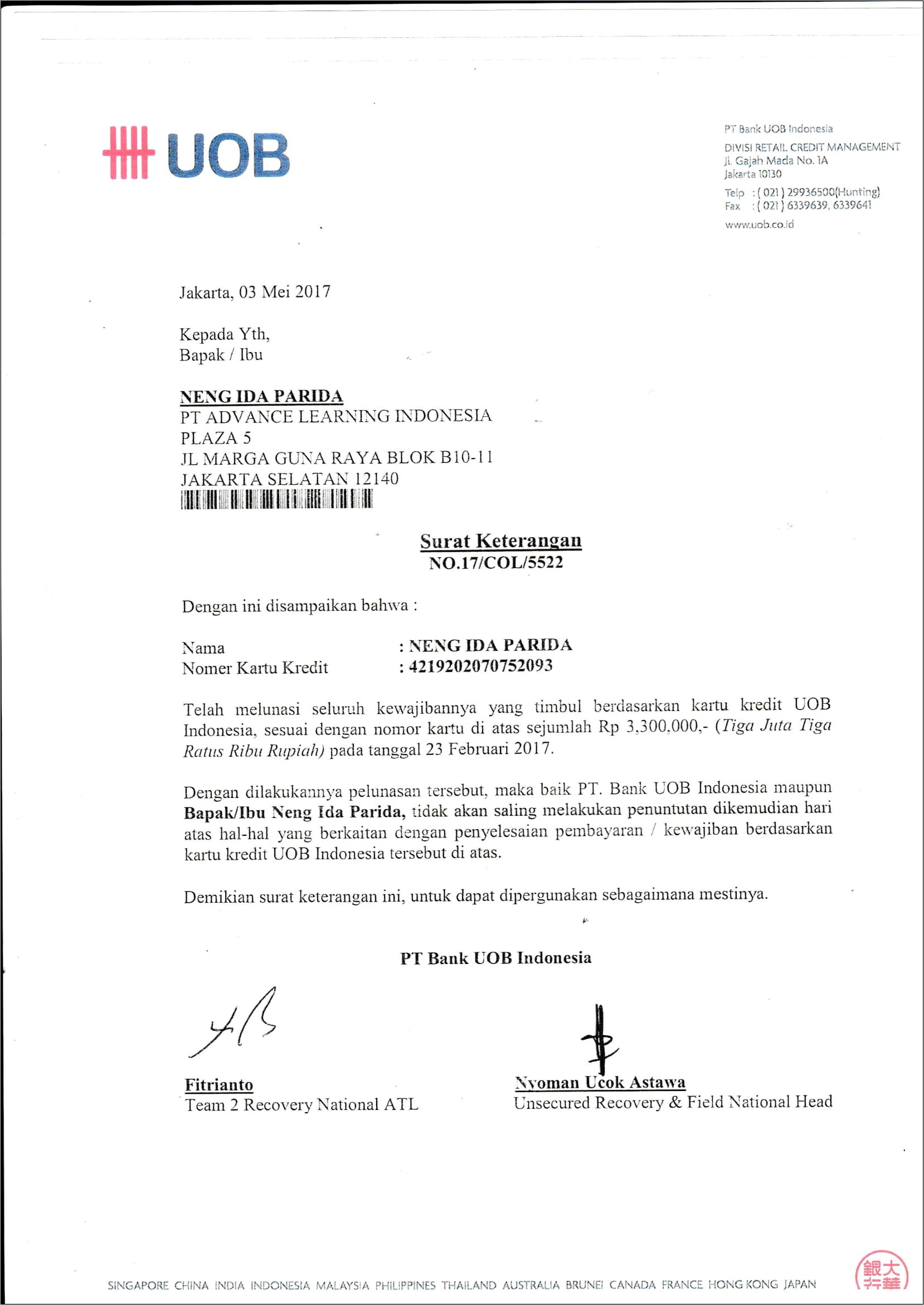 Contoh Surat Keterangan Pelunasan Cc Dari Bank Bca Medan