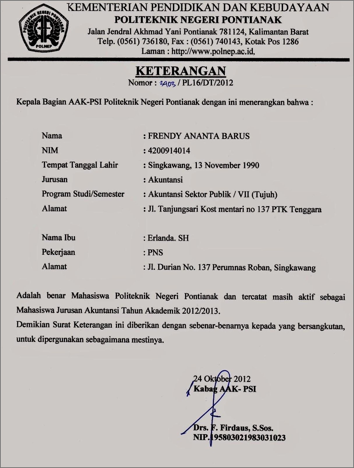 Contoh Surat Keterangan Pembekuan Perusahaan