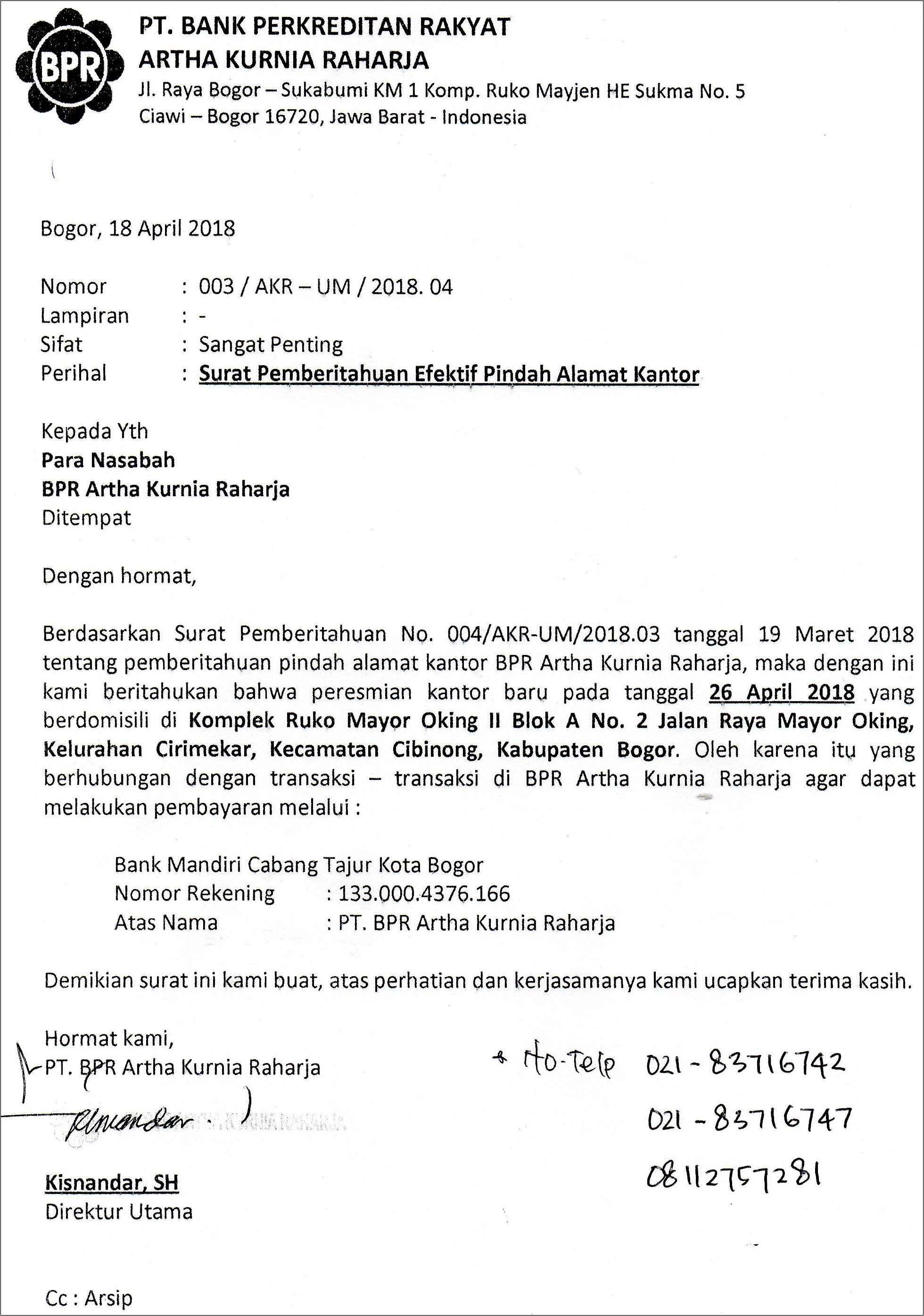 Contoh Surat Keterangan Pemindahan Rekening