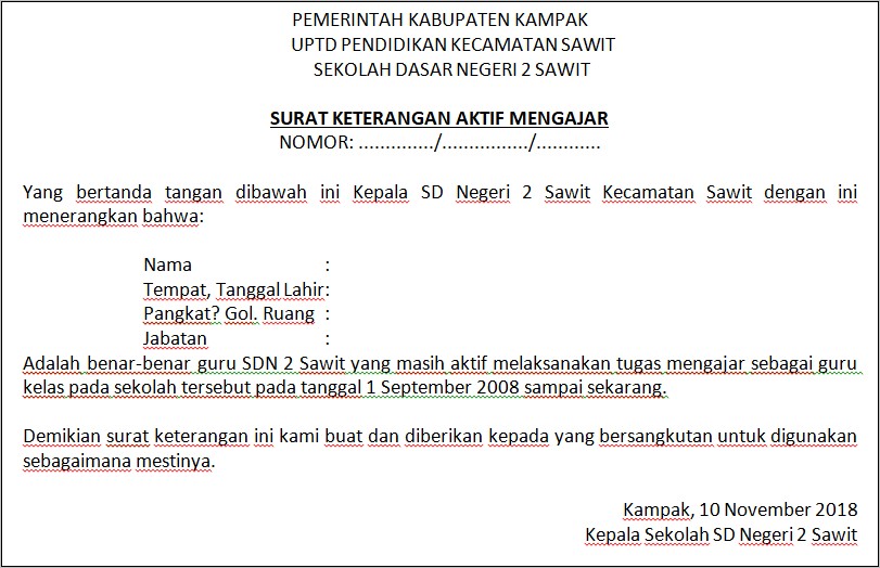 Contoh Surat Keterangan Pengalaman Mengajar Kepala Sekolah Minimal 5 Tahun