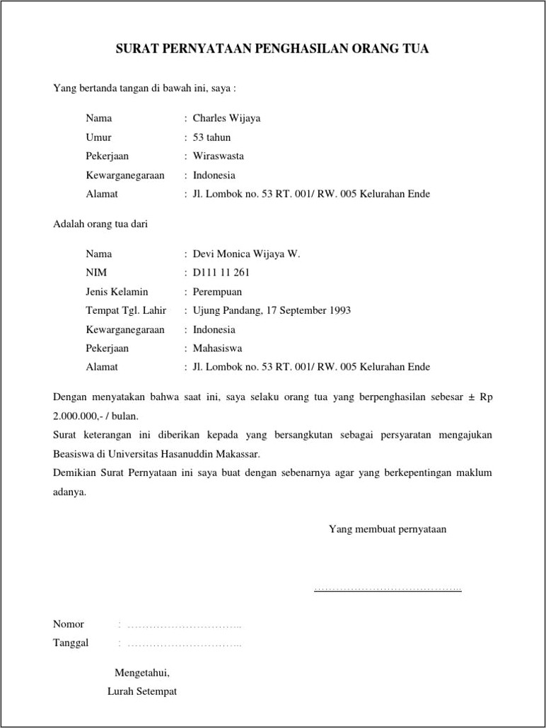 Contoh Surat Keterangan Penghasilan Dari Rt Rw