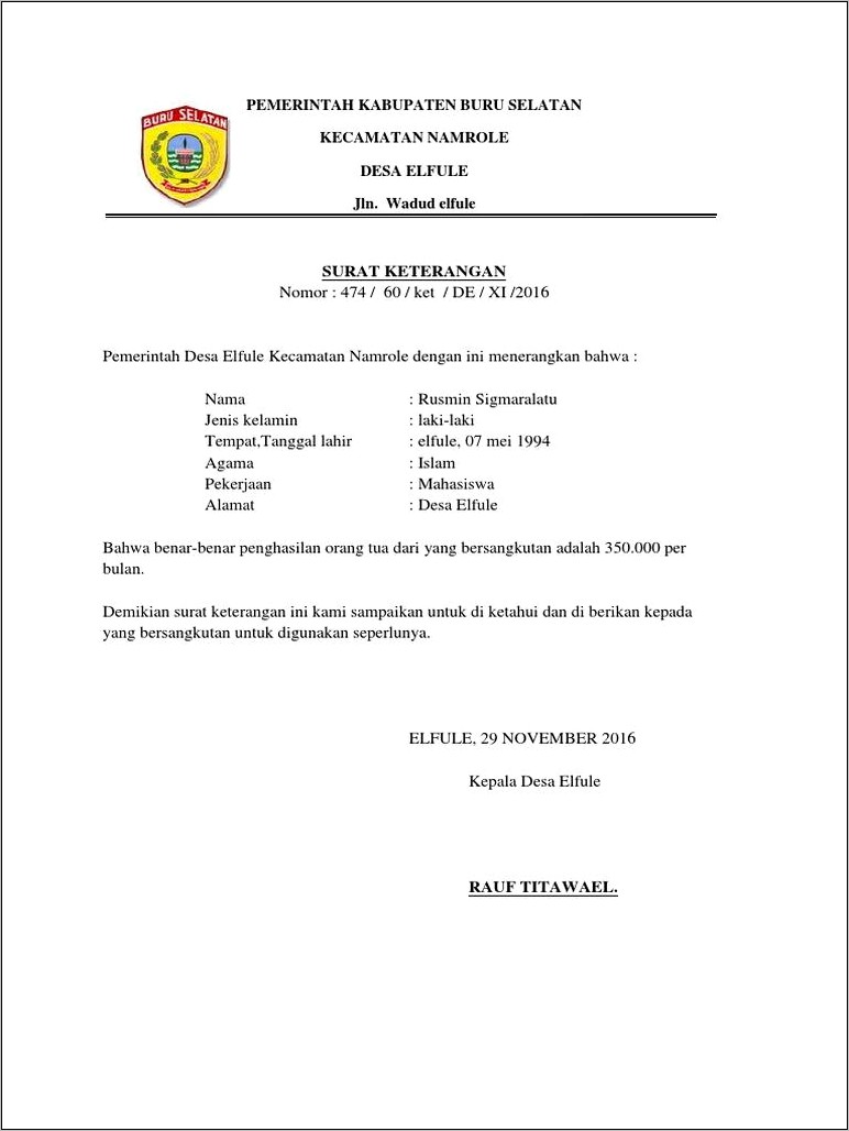 Contoh Surat Keterangan Penghasilan Orang Tua Dari Ketua Rt