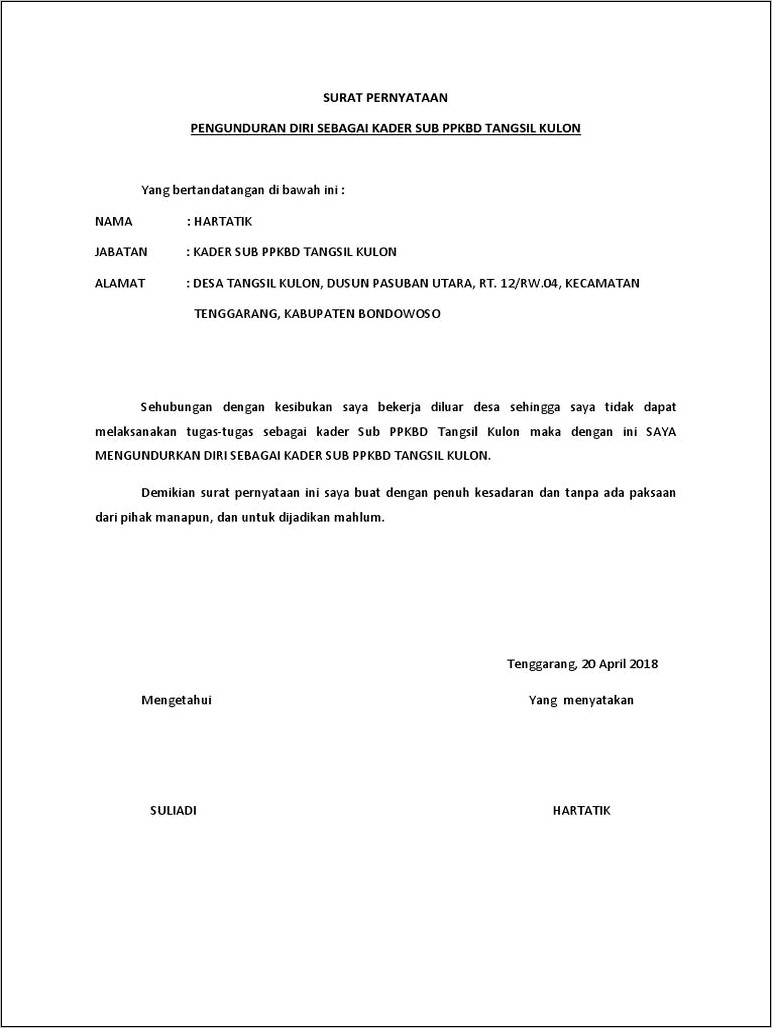 Contoh Surat Keterangan Pengunduran