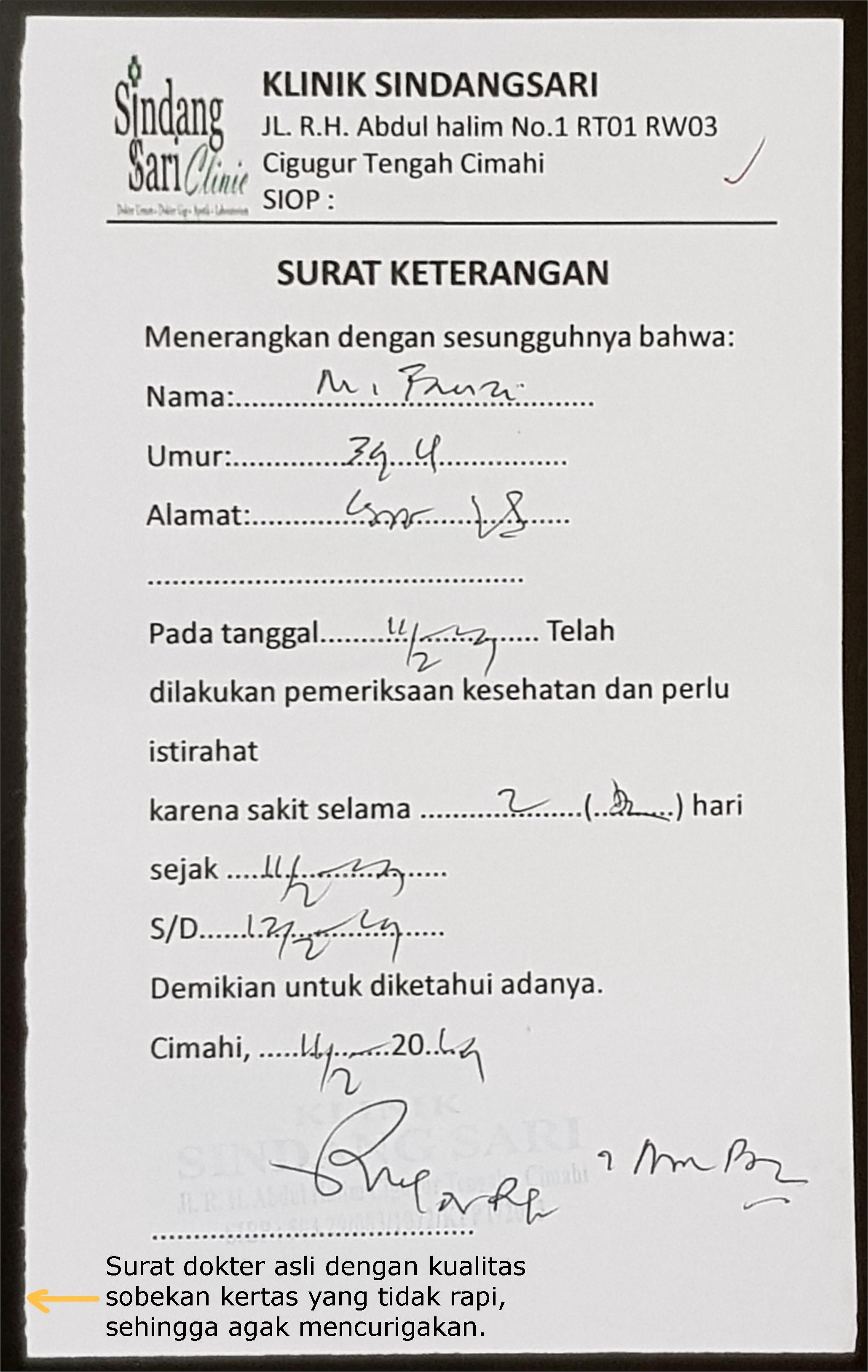 Contoh Surat Keterangan Penyakit Dari Dokter